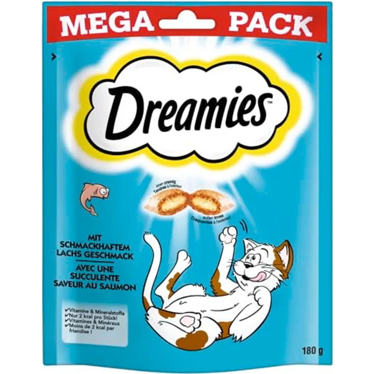 Dreamies Portionsbeutel mit Lachs, Katzensnack mit zweifacher Textur, 1 x 180g, ohne künstliche Aromastoffe – Bild 1