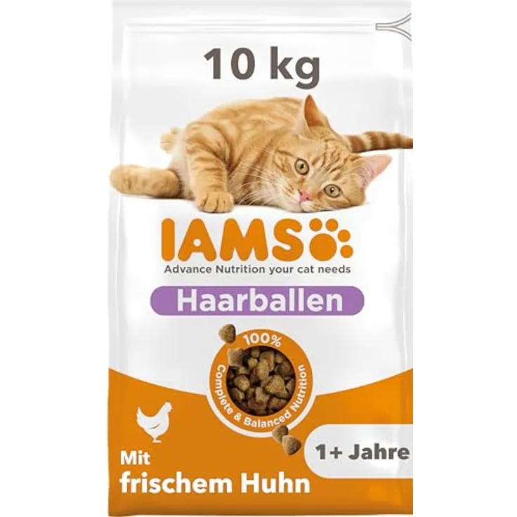 IAMS Anti-Haarballen Katzenfutter trocken mit Huhn, 10 kg, Spezialfutter für Katzen ab 1 Jahr, omega-3 & omega-6 Fettsäuren, weizenfrei