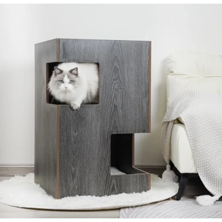 CanadianCat Company Cat Castle, Premium Katzenbett aus Holz mit 2 Höhlen, inkl. 3 waschbaren Kissen, dunkelgrau, 50 x 50 x 80 cm – Bild 3