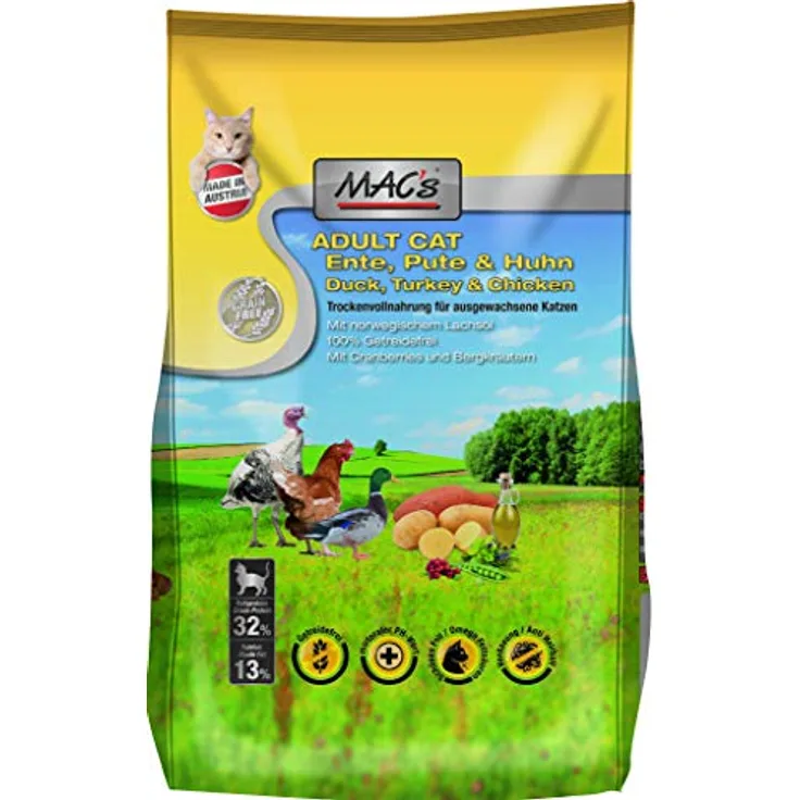 MAC's Katzenfutter getreidefrei Adult Ente, Pute & Huhn, 1.5 kg - Hochwertiges Trockenfutter mit hohem Fleischanteil, ohne künstliche Zusatzstoffe, Made in Germany