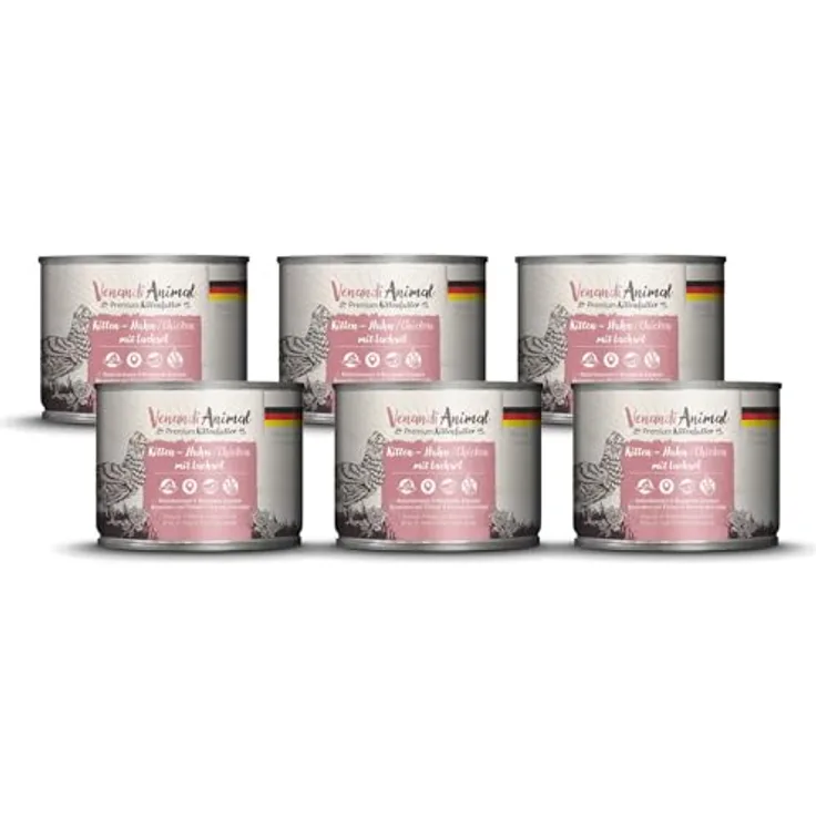 Venandi Premium Nassfutter für Katzen - Kitten - Huhn mit Lachsöl, getreidefrei, 6 x 200g (6er Pack), hoher Fleischanteil