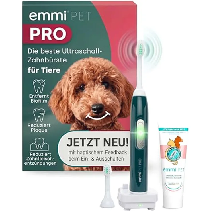 Emmi-pet emmi-PET PRO Ultraschall-Zahnbürste für Hunde, geräuschlos, gegen Zahnstein & Plaque, schonende Zahnpflege, 12 Tage Akkulaufzeit