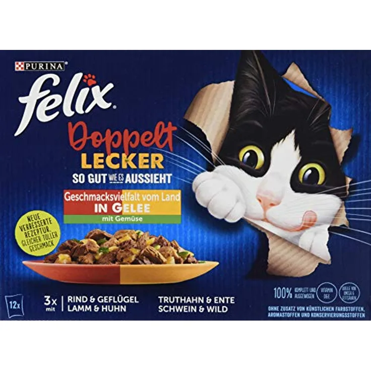 Felix Doppelt Lecker 12x85g Katzenfutter mit Geschmacksvielfalt und Gemüse, Gelee mit Rind, Geflügel, Schwein, Wild, Lamm und Huhn
