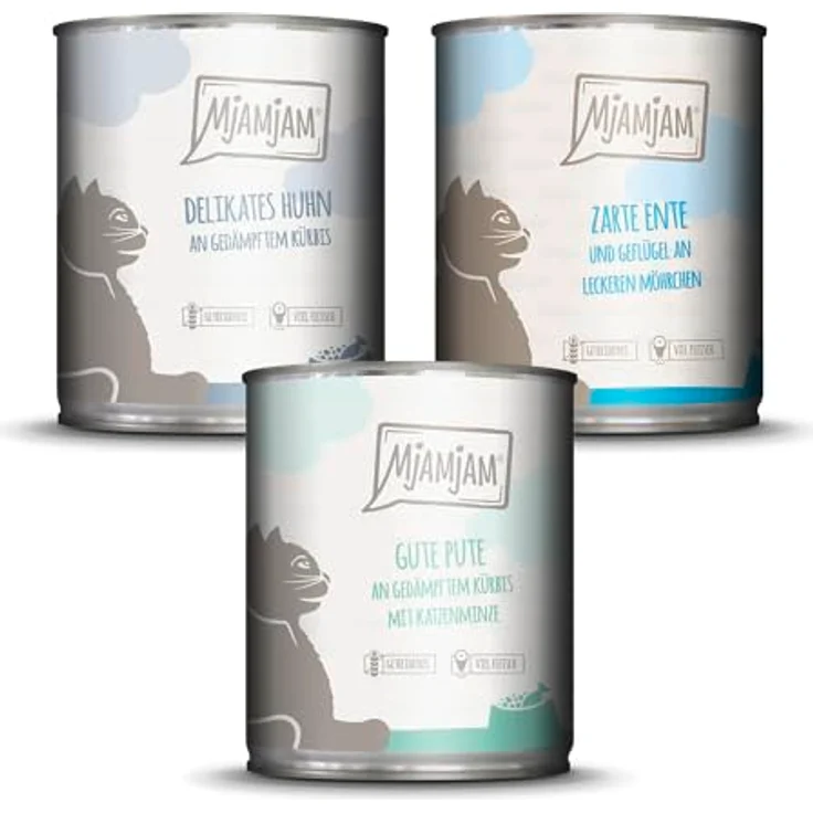 MjAMjAM Premium Nassfutter für Katzen Mixpaket II, Huhn & Kürbis, Pute, Ente & Geflügel, 6er Pack (6 x 800 g), getreidefrei, extra viel Fleisch, Monoprotein – Bild 1
