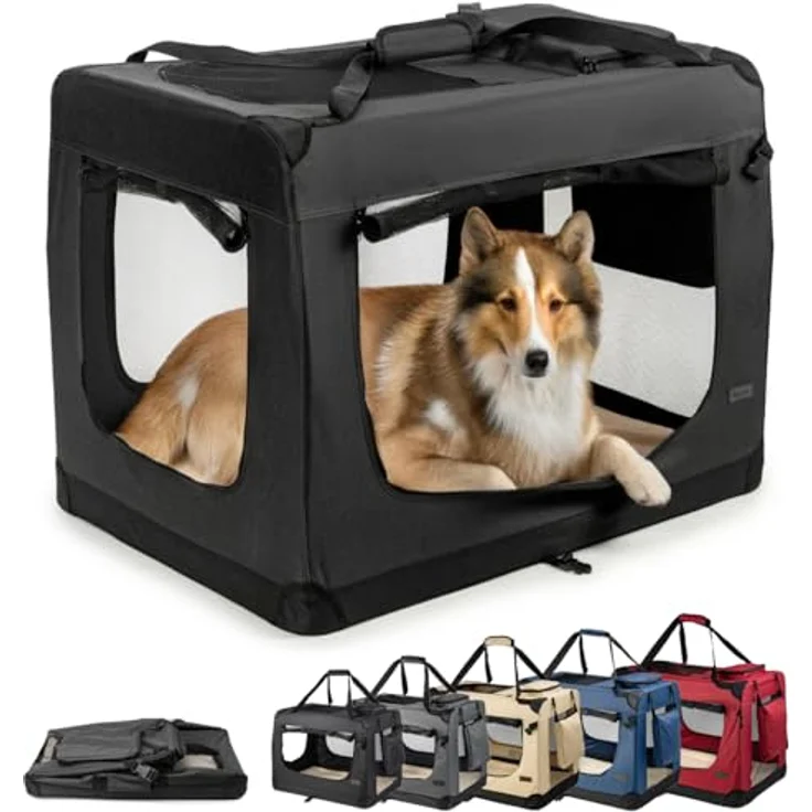 lionto Tiertransportbox 90x61x65 cm für Hunde und Katzen bis 22 kg, stabil aus Textil, schwarz mit komfortablem Innenkissen und praktischen Außentaschen – Bild 1