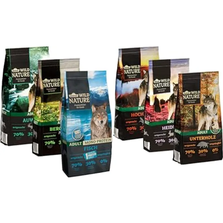 Dehner Wild Nature Hundetrockenfutter Adult, Probier-Set mit 6 verschiedenen Sorten, 6 x 1 kg, getreidefrei und 100% natürlich