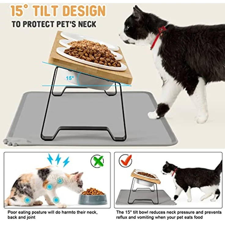 Lannvan Katzennapf Erhöht, 3er Set Keramik mit Silikonunterlage, ergonomisch Neigung 15° für Katzen und kleine Hunde, rutschfest und leicht zu reinigen – Bild 3