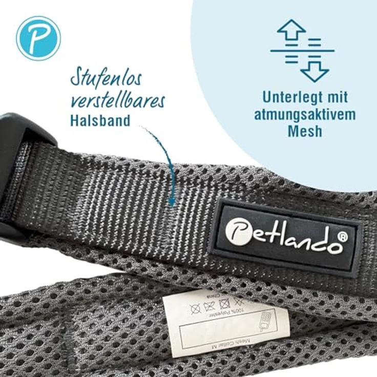 Petlando Mesh Hundehalsband XL – leicht, atmungsaktiv, weich gepolstert, stufenlos verstellbar, robust, Schwarz, 55-60 cm – Bild 3