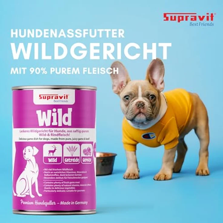 Supravit Nassfutter für Hunde, Wildfleisch-Dosenfutter mit hohem Fleischanteil, Gemüse & Nudeln, Set 12 x 410g Dosen – Bild 2