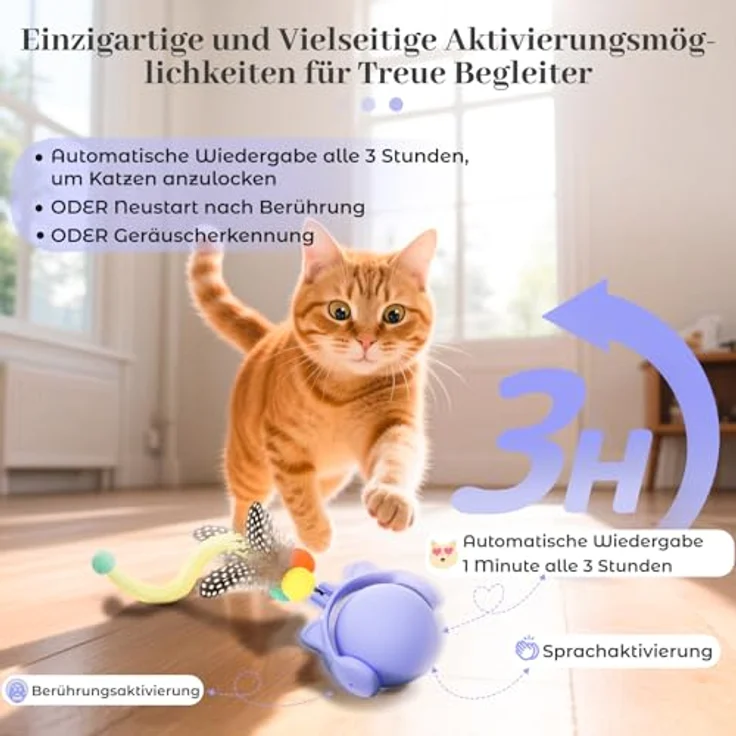 GoldenSun Automatischer Katzenspielzeugball mit Federschwanz, Bewegungsaktiviert, Zwitschernd, Wiederaufladbar über USB, Lila – Bild 2