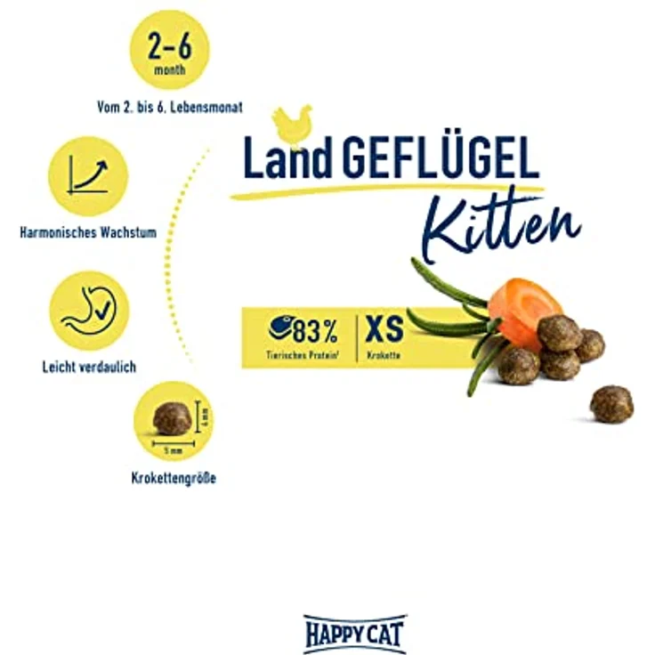 Happy Cat 70534 Young Kitten Land Geflügel, Katzen-Trockenfutter für Katzen-Babys ab der 5. Lebenswoche, 300 g, ohne künstliche Zusatzstoffe, hochverdauliche Rezeptur – Bild 2