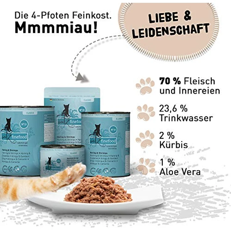 catz finefood N° 13 Hering & Shrimps Feinkost Katzenfutter nass, 45% Hering, 25% Shrimps, verfeinert mit Kürbis & Aloe Vera, 16 x 85g Beutel – Bild 3