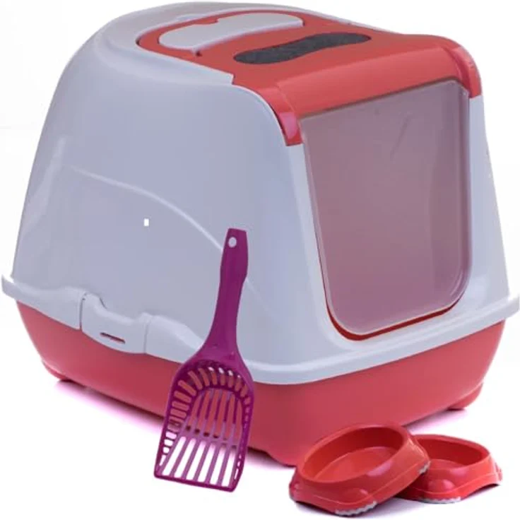 adena Katzentoilette Sondermodell 50, Katzenklo mit schwenkbarem Deckel, Haube hochglanz weiß, inkl. Schaufel und 2 Anti-Rutsch-Näpfen, Himbeer – Bild 1