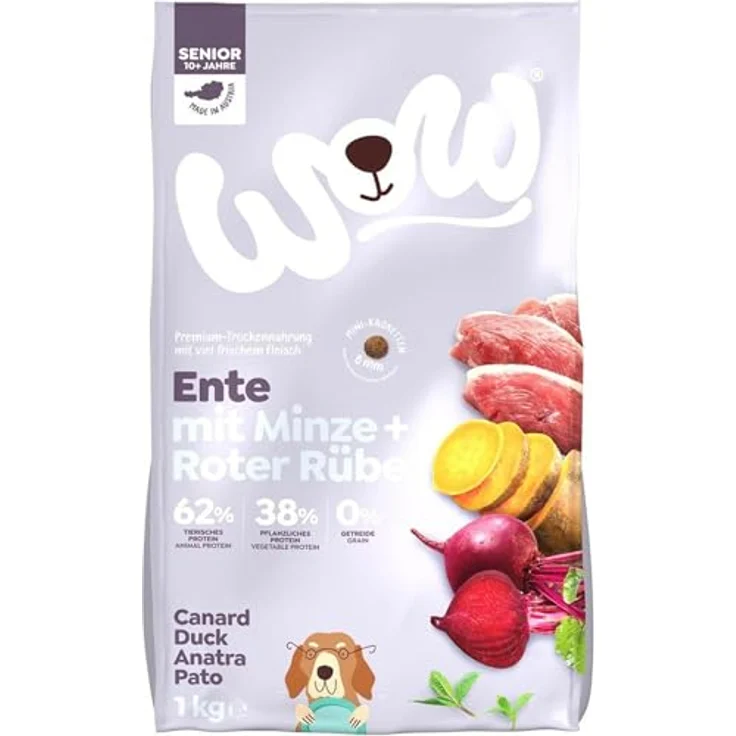 WOW Mini Senior Ente mit Minze, getreidefreies Hundefutter für Senioren, 1 kg, hergestellt in Österreich – Bild 1