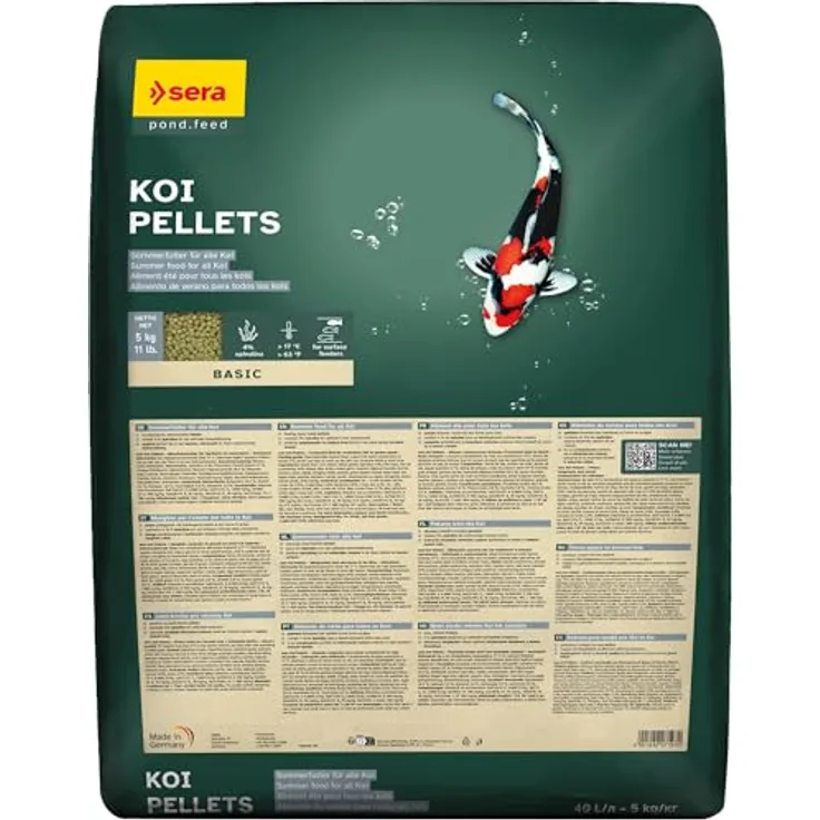 sera Koi Pellets 40 L (5 kg) | Hochwertiges Fischfutter für Koi ab 17 °C mit 4% Spirulina & Weizenkeimen | Schwimmende Pellets für gesundes Wachstum und natürliche Farbausprägung