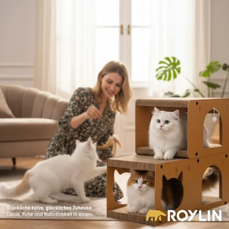 Roxlin ROXLIN Katzen TV-Möbel, Holzdesign in Gelb, modernes Katzenspielzeug mit Kratzfläche und Höhlen, stabiles Tunnel-Modell für Wohnzimmer – Bild 5