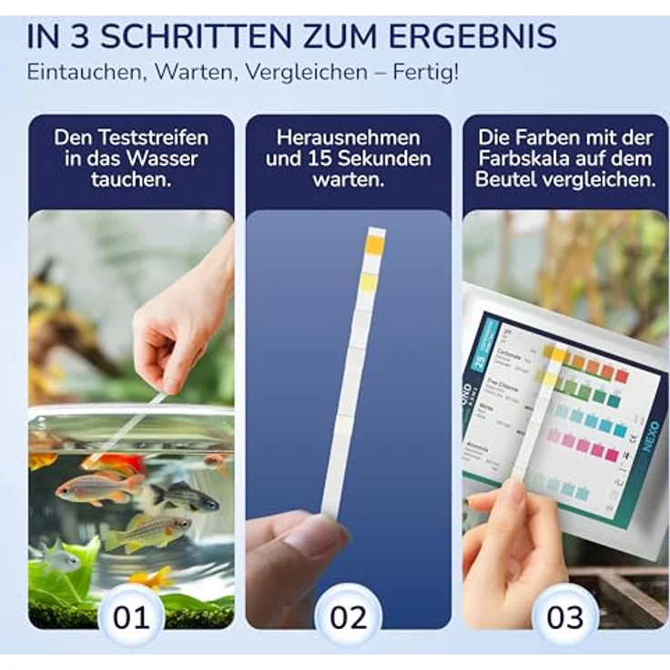 AQUANEXO Wassertest Aquarium 5in1, Teststreifen für pH, Karbonat, Chlor, Ammonium, 25x oder 100x, ideales Zubehör für Aquarien und Teich – Bild 3