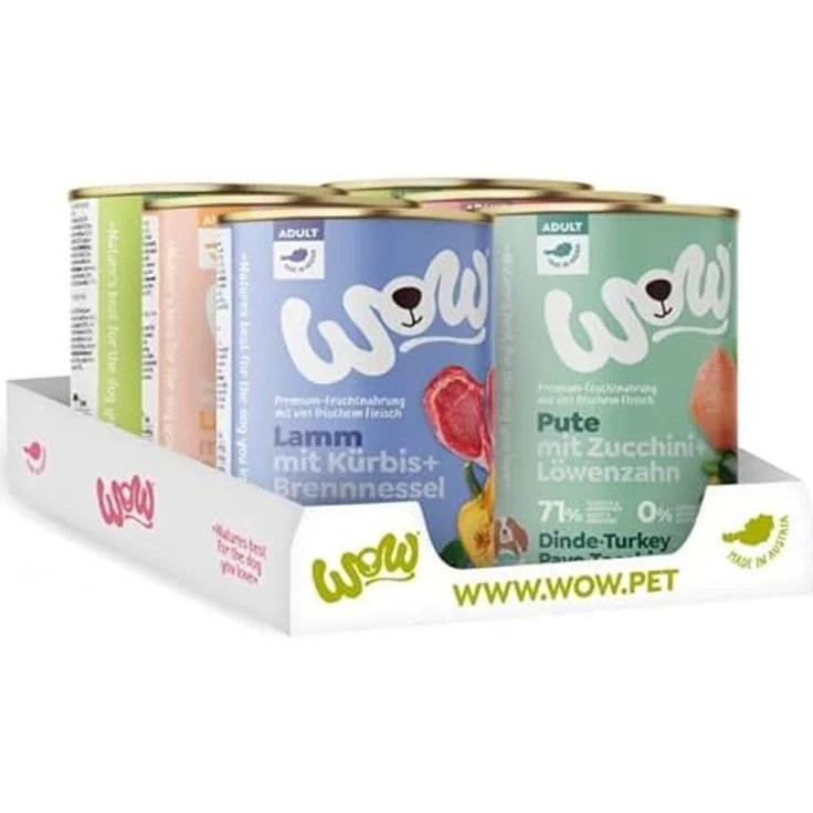WOW Nassfutter Hund, Adult, Multipack 6x800 g, 71% Fleischanteil, ohne Zuckerzusatz, sechs Sorten – Bild 2