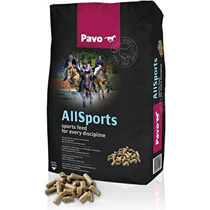 Pavo All-Sports 20kg, energiereiche Sportpellets mit Omega-3- und Omega-6-Fettsäuren, zusätzlichem Magnesium und Leinsamen für optimalen Glanz, ideal für alle Sportpferde.