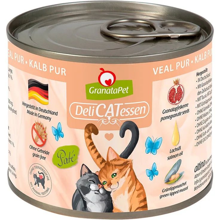 GranataPet DeliCATessen, Katzen-Nassfutter Kalb PUR, 6x200g, ohne Getreide, hoher Fleischanteil, mit Granatapfelkernen und wertvollen Ölen