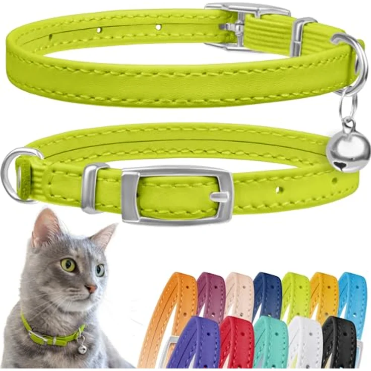 CollarDirect Leder Katzenhalsband mit Sicherheitsverschluss, 21,5 cm, Limetten-Grün, elastischer Gurt und Metallglocke – Bild 1