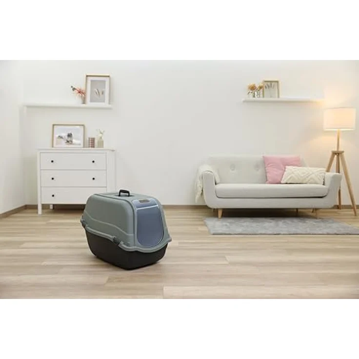 Kerbl Katzentoilette Emma Eco XL, Katzentoilette aus 100 % recyceltem Kunststoff mit Deckel, 65x44x46 cm, schwarz/grüngrau, inkl. Tür und Geruchsfilter – Bild 5