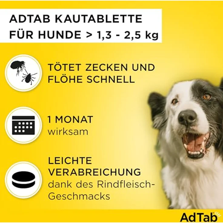 AdTab Hund Kautabletten gegen Zecken & Flöhe, 3 Tabletten Packung mit Rindfleischgeschmack, für Hunde 1,3-2,5 kg, 3 Monate Schutz – Bild 2