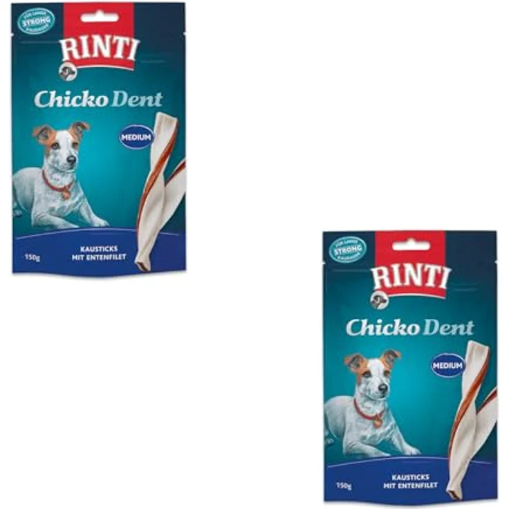 Rinti Extra Chicko Dent Medium Kausticks mit Entenfilet, 2 x 150 g, bissfeste Rinderhaut für Zahnpflege, Ergänzungsfuttermittel für Hunde – Bild 1