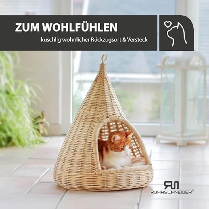 Rohrschneider Hänge-Katzenkorb Sammy | Handgeflochtenes Rattan Katzenbett mit waschbarem Kissen | Zum Hängen und Hinstellen | 45 x 45 x H 55 cm | Natur-beige – Bild 5