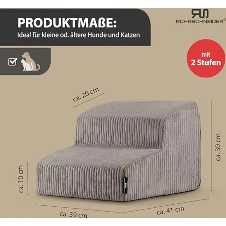 Rohrschneider Hundetreppe für kleine Hunde, Rutschfeste Haustiertreppe mit waschbarem Cordbezug, Hunderampe mit Schaumstofffüllung (Taupe), Made in EU – Bild 2