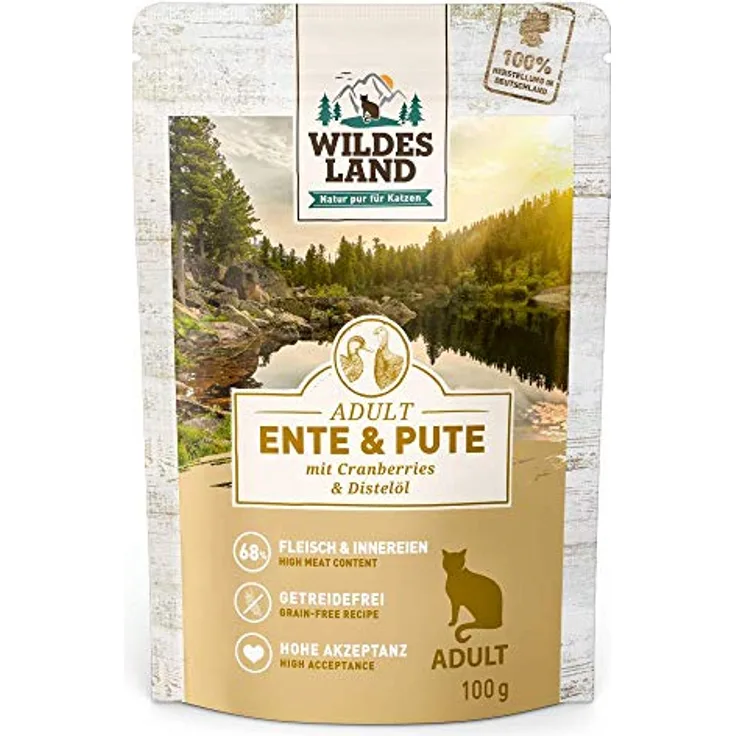 WILDES LAND – Ente & Pute | Nassfutter mit hohem Fleischanteil, getreidefreies Alleinfutter für ausgewachsene Katzen, 24x100g