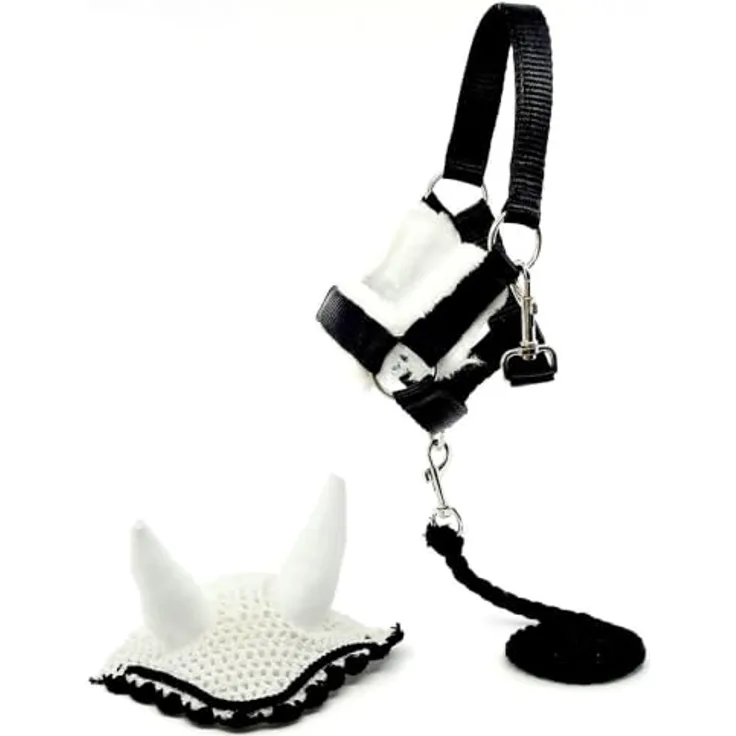 Hobby Horse Land Hobby Horse Zubehör-Set Halfter mit Führstrick und Insektenmütze, Größe A4 und A3, Schwarz und Weiß
