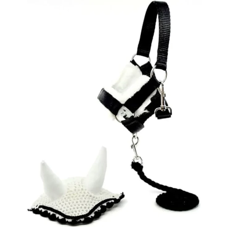 Hobby Horse Land Hobby Horse Zubehör-Set Halfter mit Führstrick und Insektenmütze, Größe A4 und A3, Schwarz und Weiß – Bild 1