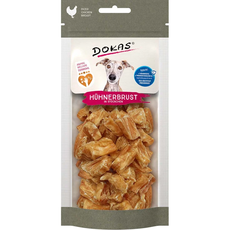 Dokas Tierwohl Hühnerbrust in Stücken, fettarmer Hundesnack mit hohem Fleischanteil, 50g