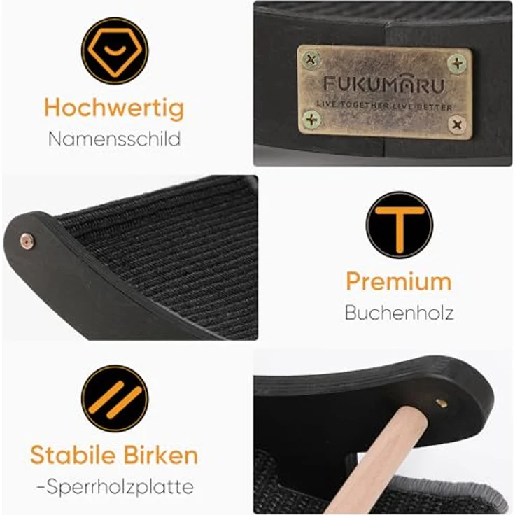 FUKUMARU 3-in-1 Sisal Kratzbrett Holz, 70 cm mit Massivholzgestell und ergonomischer Hängematte für Katzen, Schwarz – Bild 4