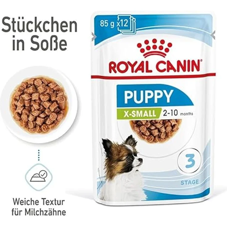 ROYAL CANIN X-Small Puppy, Feuchtnahrung für kleine Hundewelpen, 12 x 85 g, mit Häppchen in Soße, bis 10 Monate, nährstoffreiche Rezeptur – Bild 4