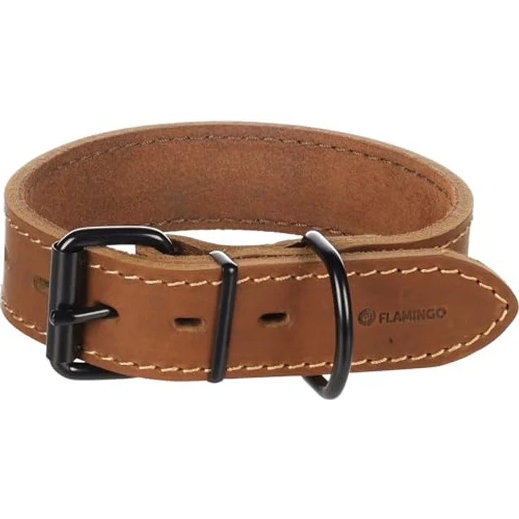 Flamingo Halsband Montana Leder BREIT, Cognac, Größe M 35-45CM, 35MM, für große Hunderassen, weiches Leder mit schwarzem Glanzfinish – Bild 1