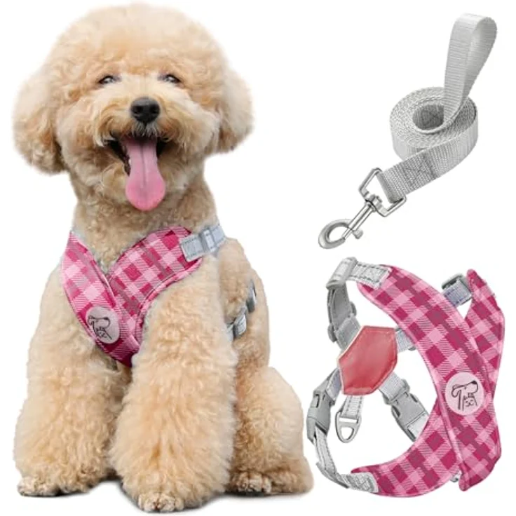 Pawaboo Hundegeschirr mit Hundeleine Set, Verstellbares Anti-Zug X-Rahmen Brustgeschirr für Kleine und Mittelgroße Hunde, M, Rosa Kariert – Bild 1