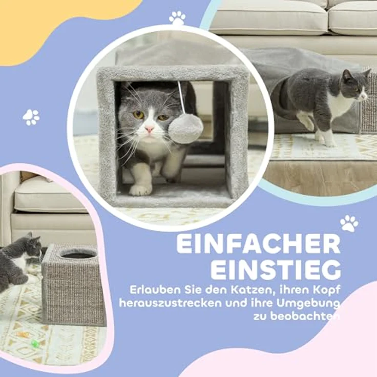 PawHut Katzentunnel Faltbar, Rascheltunnel mit hängendem Ball, Katzenspielzeug und Katzenhöhle, 98 x 30 cm, Braun+Grau – Bild 5