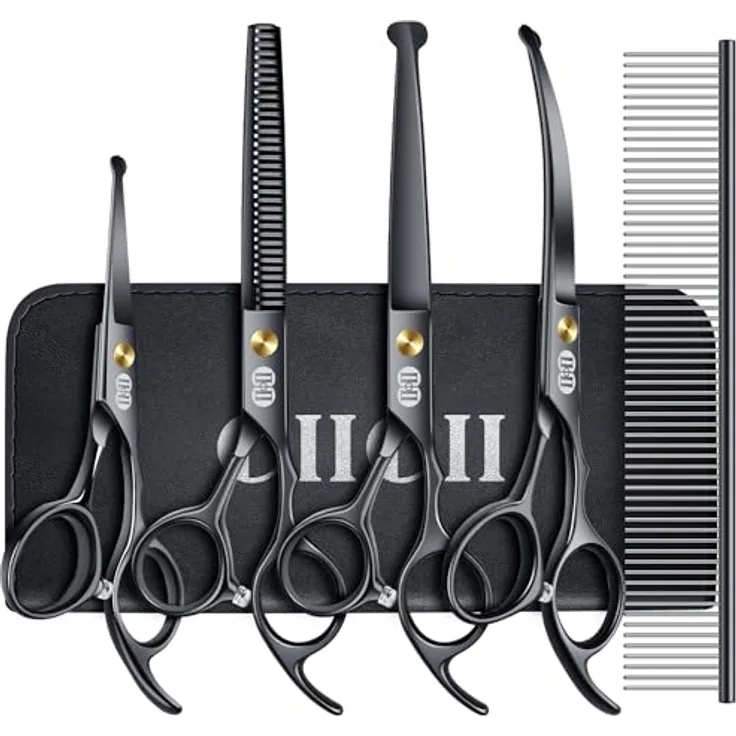 CIICII 7 Zoll Profi Hundescheren Set, mit Runde Sicherheitsspitze, gebogener & gerader Haarschere für Fellpflege von Hund und Katze, schwarz