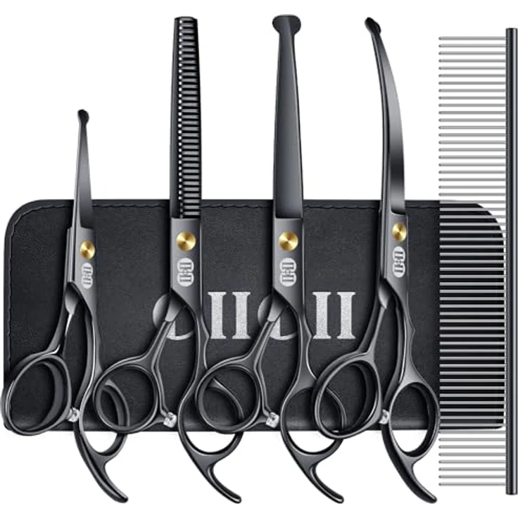 CIICII 7 Zoll Profi Hundescheren Set, mit Runde Sicherheitsspitze, gebogener & gerader Haarschere für Fellpflege von Hund und Katze, schwarz – Bild 1