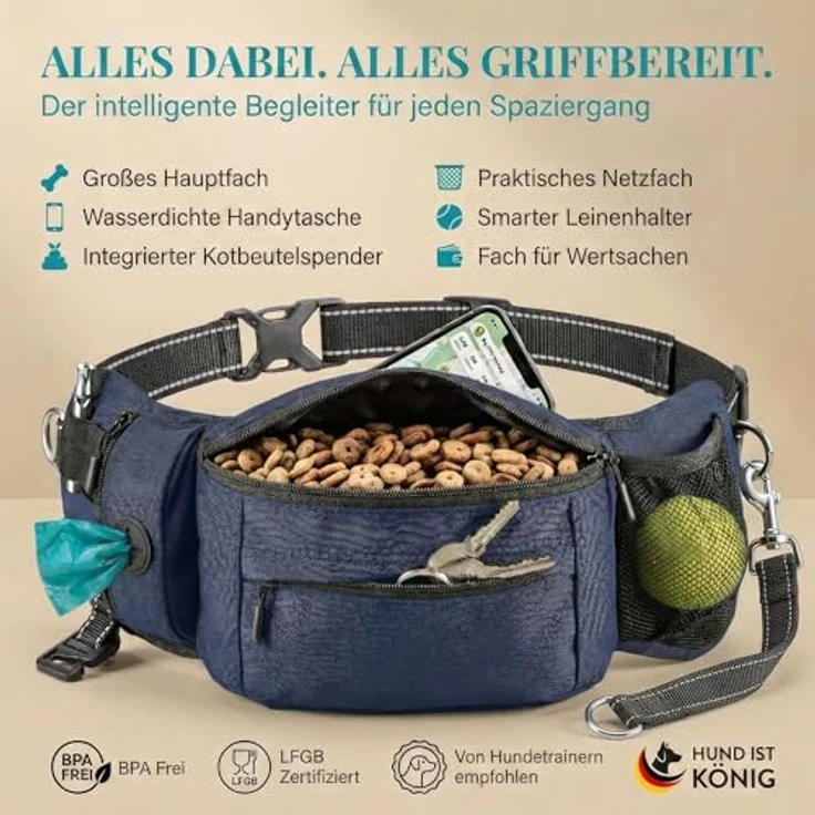 HUND IST KÖNIG Leckerlitasche für Hunde, praktische Bauchtasche mit Kotbeutelspender, Handyfach & Gurt für Flexileine, robust und funktional – Bild 2