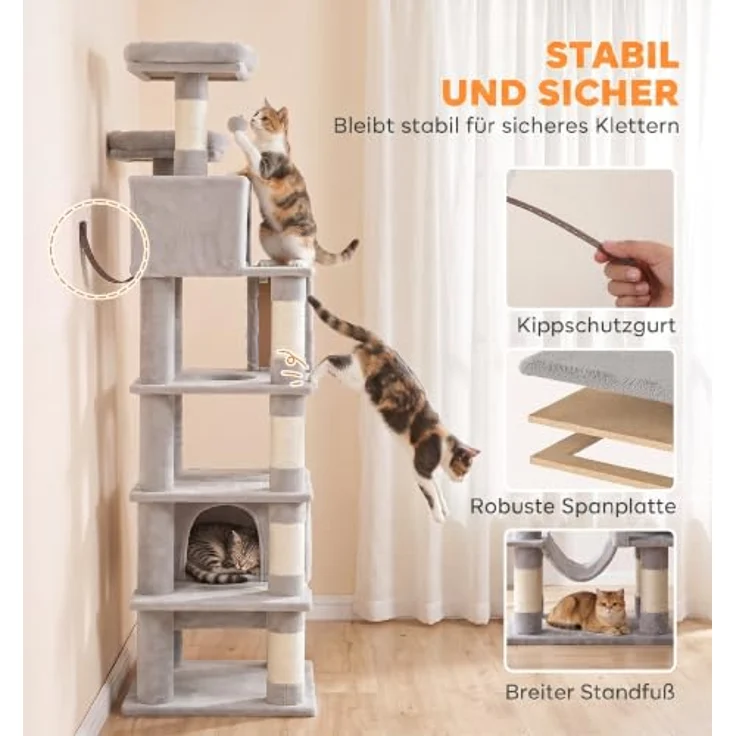 PawHut Kratzbaum 204 cm, mehrstöckig mit 2 Höhlen, Leiter, stabil, hellgrau – Bild 6
