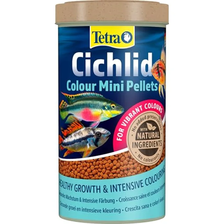 Tetra Cichlid Colour Mini Pellets, Fischfutter für kleine Cichliden zur Farbintensivierung in rot, orange und gelb, 500 ml Dose