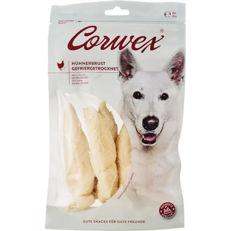 Corwex Hühnerbrust gefriergetrocknet (50g), ganze Stücke, getreidefrei & fettarm, 100% Hühnerfleisch Hundesnack