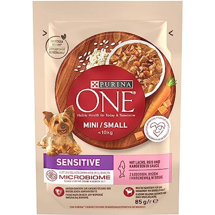 PURINA ONE Mini/Small Sensitive Hundefutter nass für kleine Hunde, reich an Lachs und Reis, 26er Pack (26 x 85g), Unterstützung bei sensibler Haut und Verdauung – Bild 1