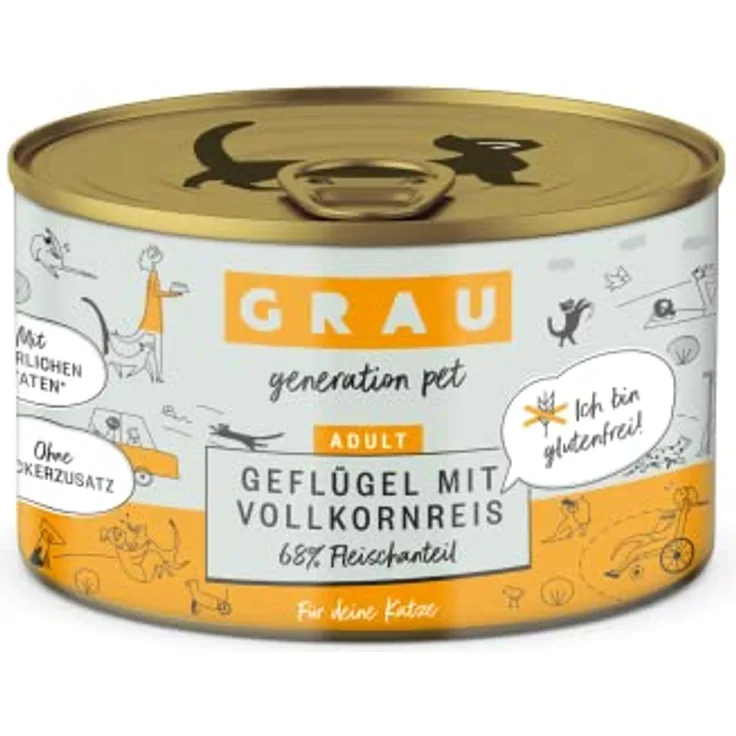 GRAU – das Original – Nassfutter für Katzen, Geflügel mit Vollkornreis, 6er Pack (6 x 200 g), glutenfrei, leicht verdaulich, für sensible Erwachsene Katzen