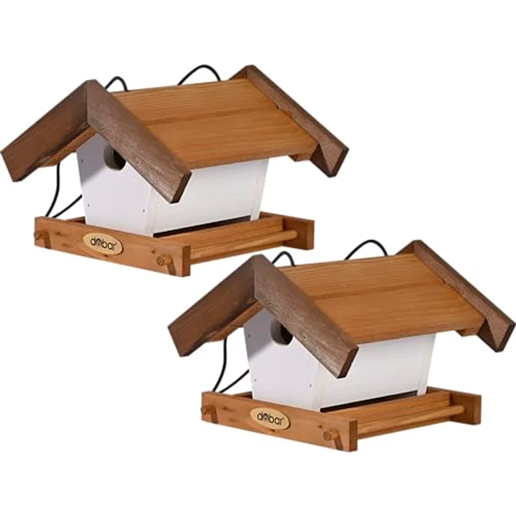 dobar® Green Label Vogelhaus Goldener Oktober, 2er-Set Futterstationen für Wildvögel, 22,5 x 21 x 16 cm, braun/weiß, mit 1 Liter Futtersilo und Aufhängung – Bild 1
