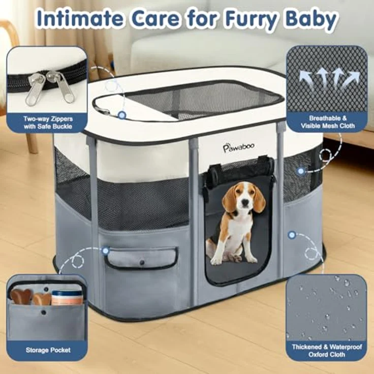 Pawaboo Tragbarer Hunde-Laufstall, 81 × 61 × 56 cm, grau, aus 600D Oxford-Gewebe mit atmungsaktiven Netzeinsätzen und faltbarem Design – Bild 3