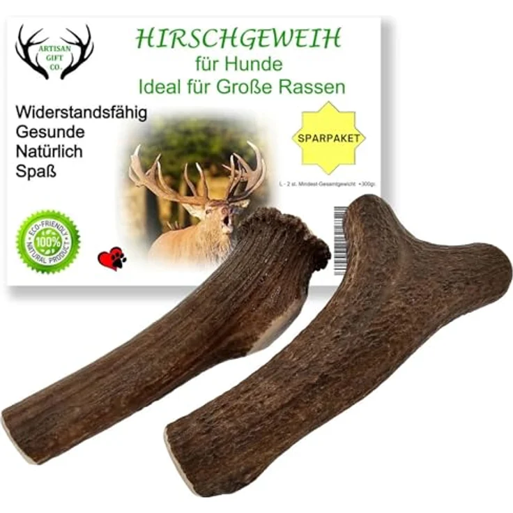 ARTISAN GIFT CO Hirschgeweih für Hunde, Natürlicher Kauknochen und Kaugeweih für Welpen und Hunde, L - 2 Stück, 100% natürlich, langlebig, kalorienarm, ohne Unordnung – Bild 1